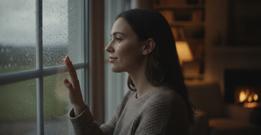 Une personne pensive regarde par la fenêtre avec un air serein, illustrant son évolution personnelle.