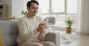 Une personne sereine regarde son téléphone avec un sourire calme dans un appartement lumineux et moderne.