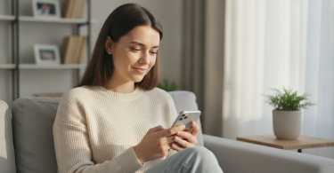 Une jeune femme écrit un SMS sur son smartphone avec un sourire espoir dans un appartement moderne.