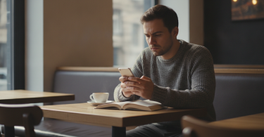 Une personne assise seule réfléchit profondément avec un air sérieux en tenant son téléphone.