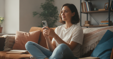 Une personne pensive assise sur un canapé confortable regarde son téléphone avec une expression sereine et apaisée.