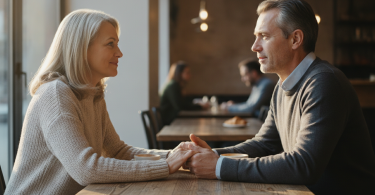 Un couple mûr se reconnecte subtilement lors d'un moment d'échange sincère et rempli d'émotion.