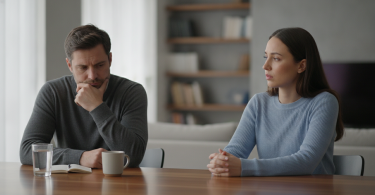 Un homme pensif et une femme hésitante discutent assis face à face dans un salon moderne.