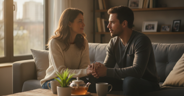 Un couple discutant avec respect et complicité, symbolisant un nouveau départ après une épreuve.