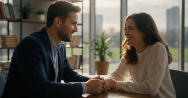 Un homme confiant et une femme sourient chaleureusement en ayant une conversation complice dans un décor moderne.