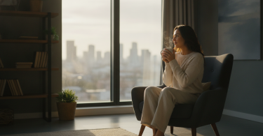 Une personne pensive assise seule dans un salon moderne, regardant paisiblement par la fenêtre avec un café chaud.