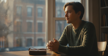 Une personne pensive assise seule près d'une fenêtre, regardant dehors avec un air de calme contemplation.