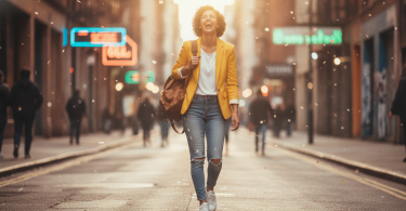 Une personne souriante et confiante marche dans une rue animée, rayonnante de bonheur et d'indépendance.