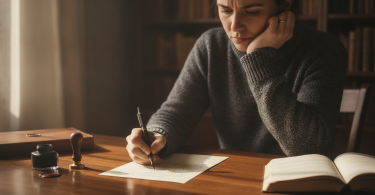 Une personne pensive assise à un bureau écrit délicatement une lettre sincère avec un stylo plume.