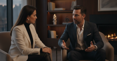 Un homme élégant et confiant discute avec une femme attentive dans un cadre sophistiqué.