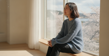 Une personne pensive et pleine d'espoir est assise seule dans une pièce lumineuse et regarde par la fenêtre.