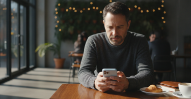 Une personne réfléchie assise seule dans un café moderne, regardant son smartphone avec espoir et hésitation.