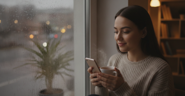 Une personne souriant face à son smartphone, assise près d'une fenêtre pluvieuse avec une tasse de thé.