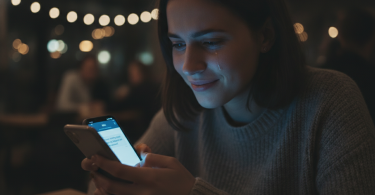 Une personne pensive regarde son téléphone avec un mélange d'espoir et d'hésitation face au message d'un ex.