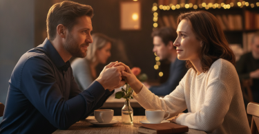 Un couple se tient la main de part et d'autre d'une table lors d'une discussion sérieuse et pleine d'espoir.