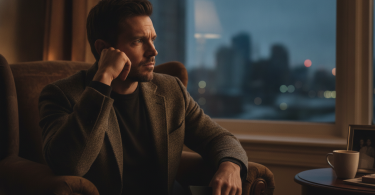 Un homme pensif regarde par la fenêtre en tenant son téléphone, réfléchissant à sa relation.