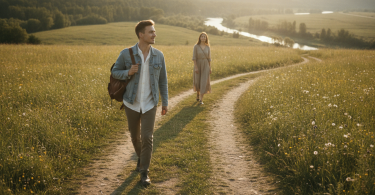 Une personne pensive et confiante avance vers un nouveau départ, à distance respectueuse de son ex-partenaire.