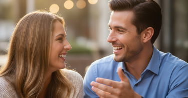 Un homme séduisant et une belle femme partagent un moment de complicité et sourient chaleureusement en discutant.