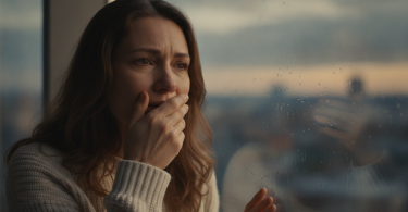 Une femme pensive près d'une fenêtre, vivant un moment d'émotion intense avant d'afficher un visage serein.