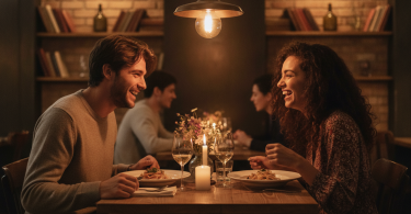 Un jeune couple lors d'un premier rendez-vous, assis à la table d'un restaurant chaleureux, rit et discute avec complicité.