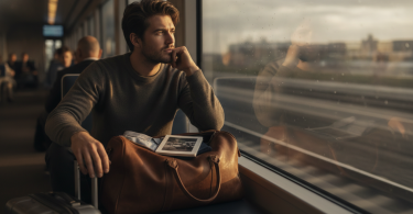 Un jeune homme fait ses bagages et regarde par la fenêtre d'un train, prêt pour un nouveau départ.