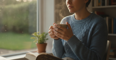 Une personne pensive boit un thé près d'une fenêtre, passant du chagrin à l'optimisme.