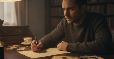 Un homme écrit une lettre manuscrite à un bureau en bois, l'air pensif avec un mélange de regret et d'espoir.